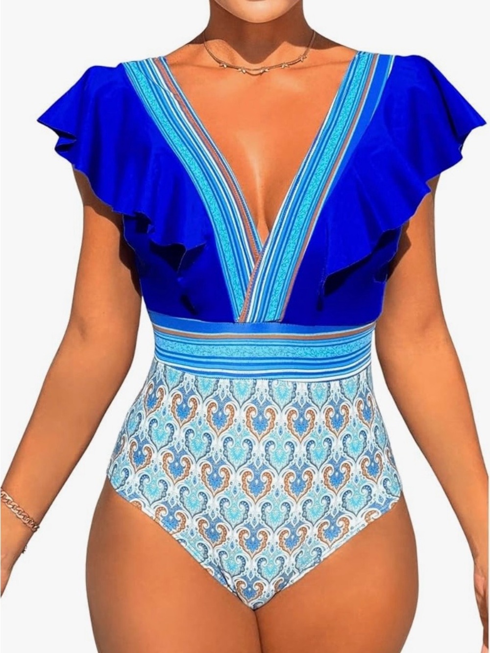 Women’s Royal Blue Ruffle V-Neck One-Piece Swimsuit with Patterned Bottom